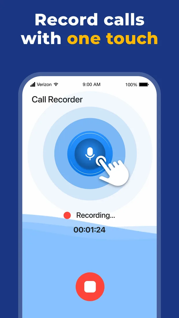 Recording screen with a large microphone button, the label Recording and a timer at one minute twenty-four seconds