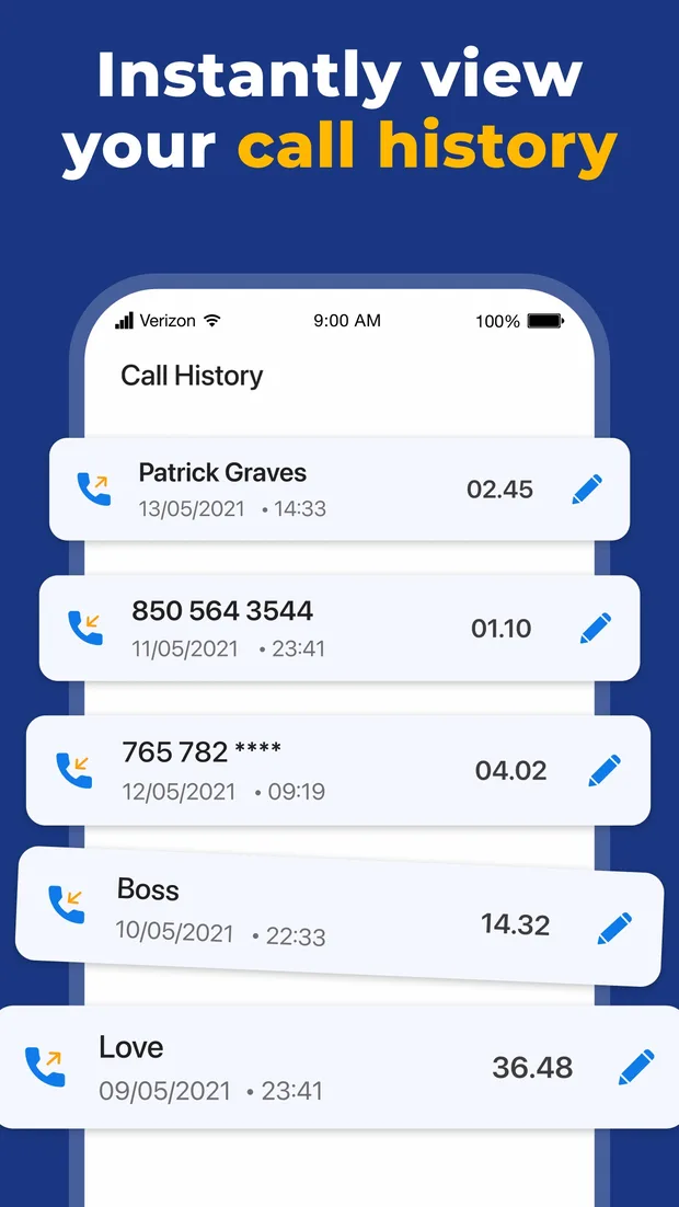 Call history list showing contact names and numbers with date, time and duration, each row with a rename pencil