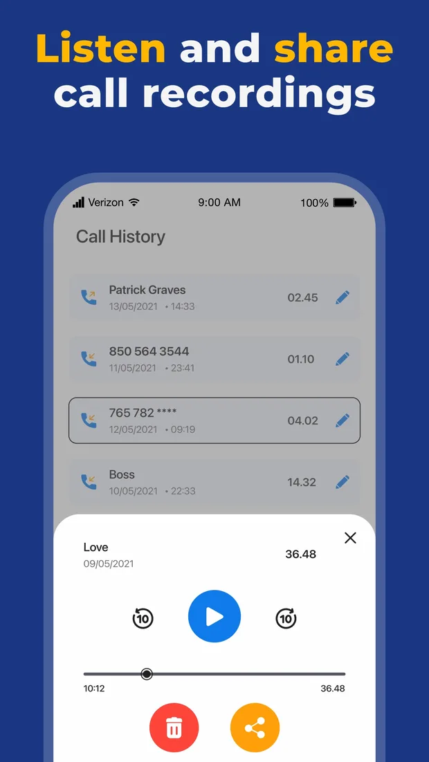 Playback sheet over the call history: play button, ten-second skip back and forward, a scrubber, and delete and share controls